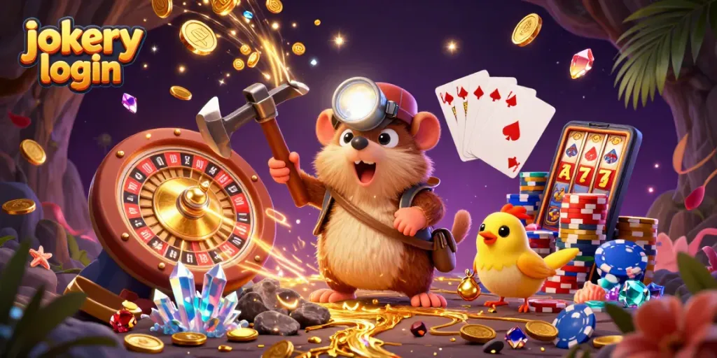 Experience epic gameplay with jokery login in this vibrant 3D casino illustration featuring treasure hunting elements.