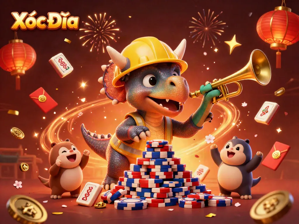 Experience Xóc Đĩa with a festive 3D illustration featuring playful characters and vibrant casino elements
