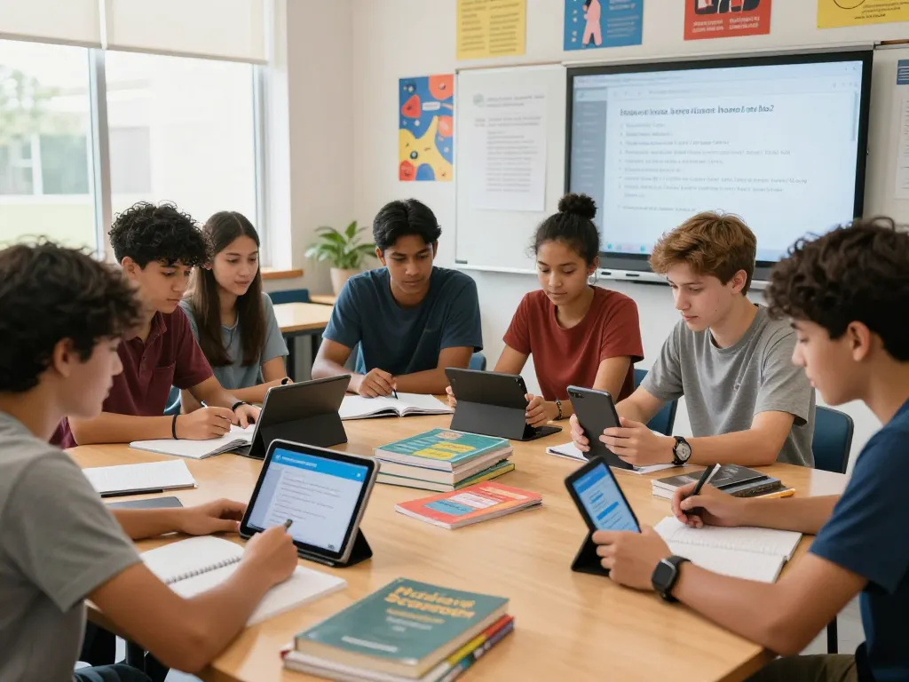 Schüler nutzen eine Hausaufgaben Scanner-App für gemeinschaftliche Hausaufgaben in einem hellen Klassenzimmer.