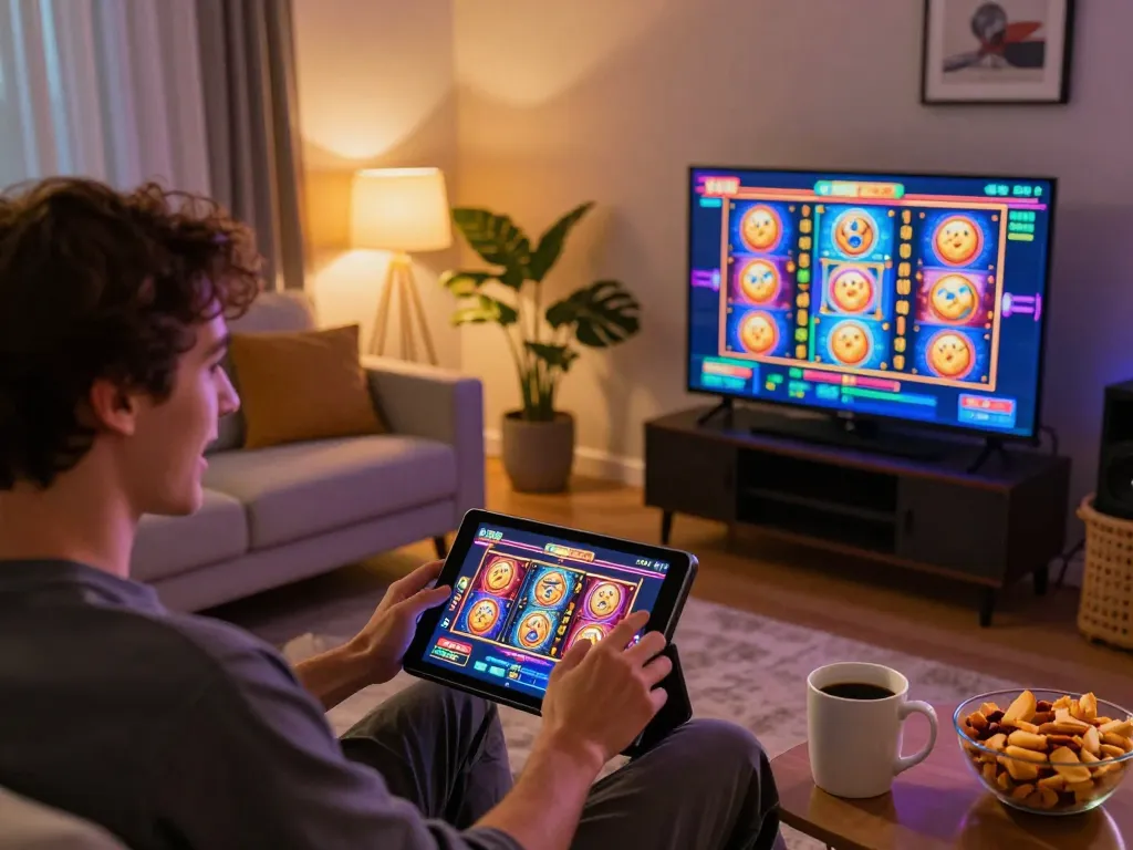 Engaging in F168 slot gaming on a tablet in a cozy home environment with snacks