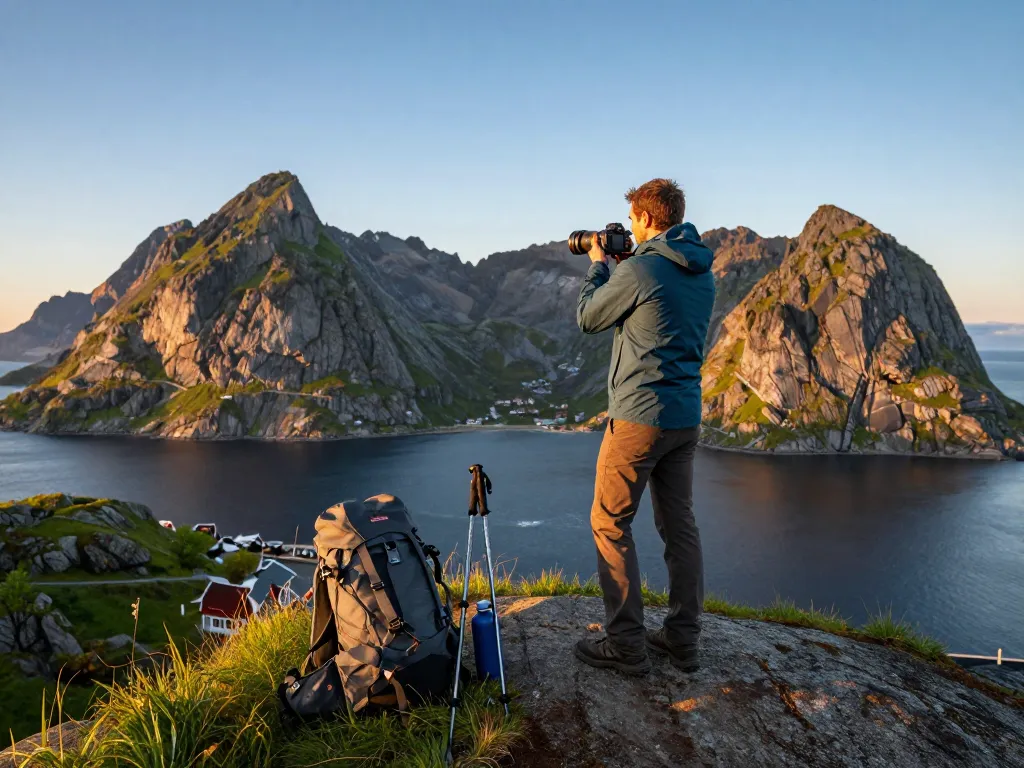 Reiseliebhaber, der Skandinavien Reisetipps an einem atemberaubenden Aussichtspunkt in Lofoten während der goldenen Stunde festhält.