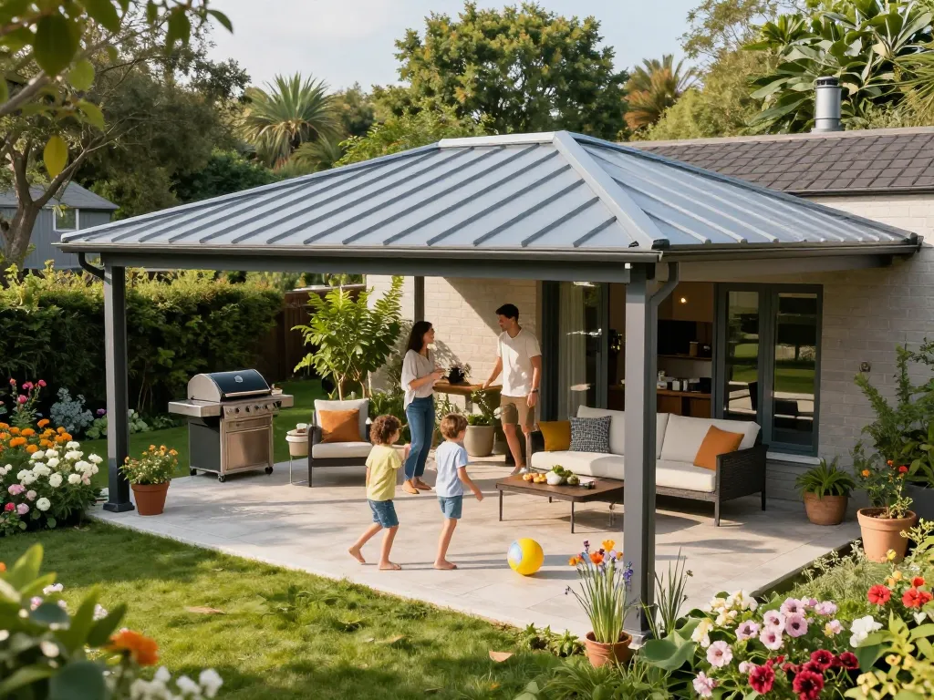 Familie genießt ihren Garten unter einer stilvollen Terrassenüberdachung mit lebhaften Blumen.