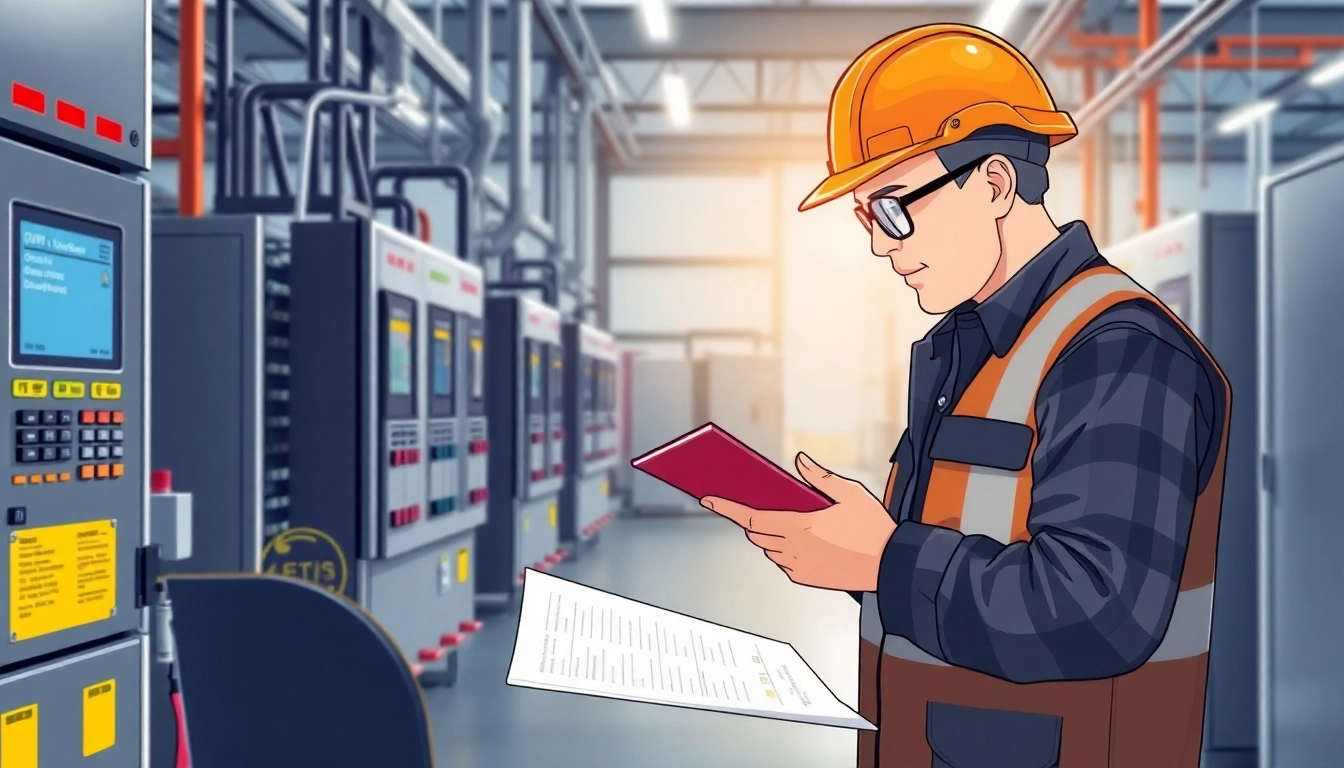 Technician performing DGUV V3 Prüfung on electrical equipment with a checklist in hand.