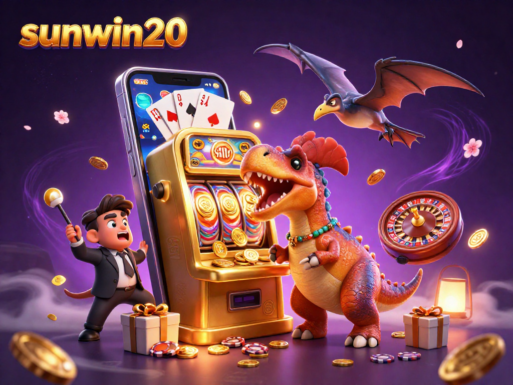 Experience jackpot excitement with sunwin20 as a dinosaur hits a slot machine, catching coins amidst vibrant casino elements.