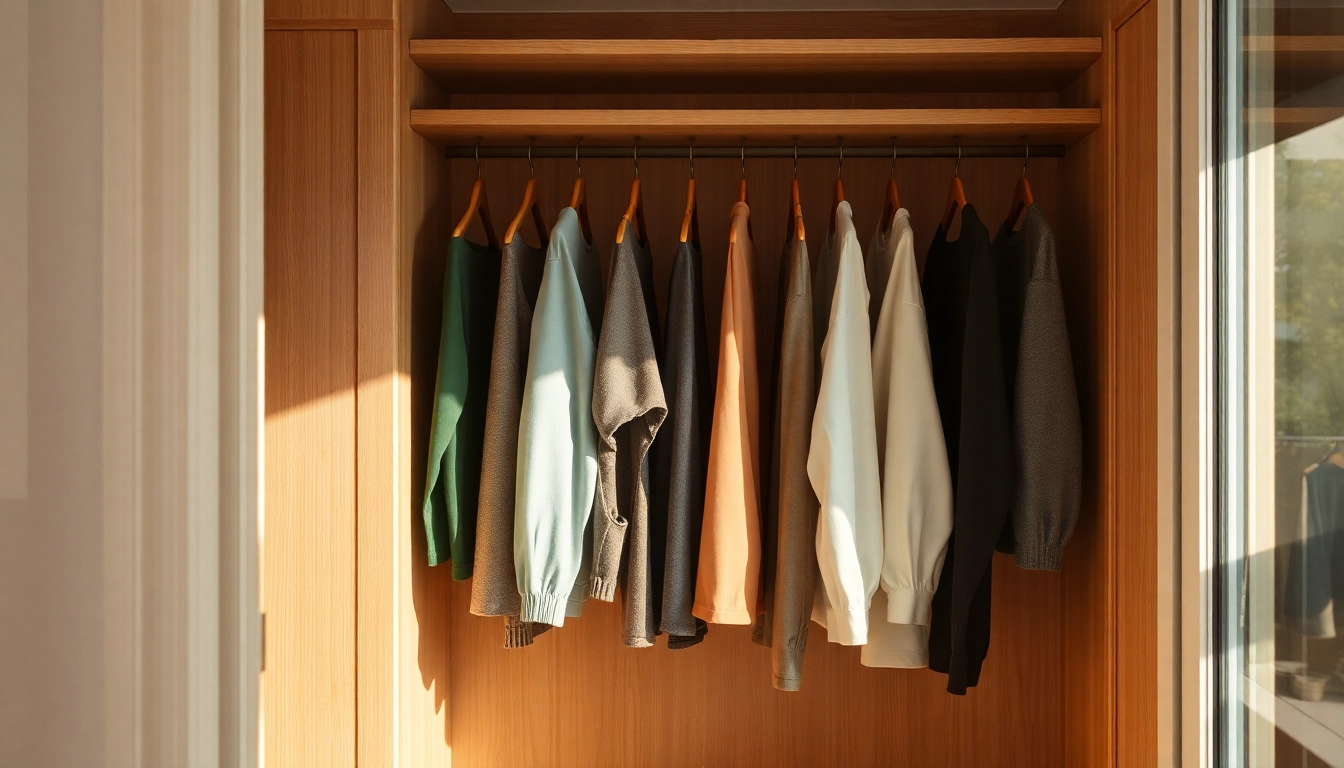 Nachhaltige kleiderbügel in einer eleganten Garderobe präsentieren umweltfreundliches Design und hochwertige Materialien.