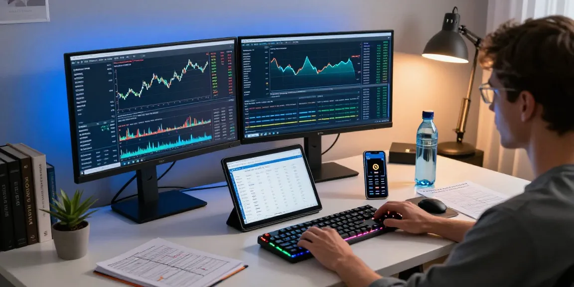 Edimakor im modernen Krypto-Büro mit Bitcoin-Trading-Diagrammen, digitalem Wallet und DeFi-Anwendungen.