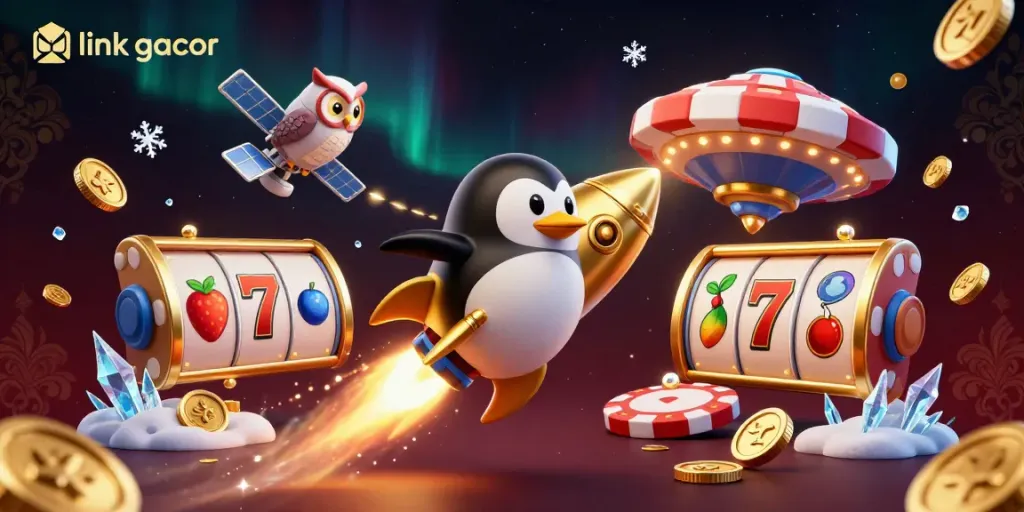 Spin the slots with the link gacor as a golden penguin flies through casino-themed space.