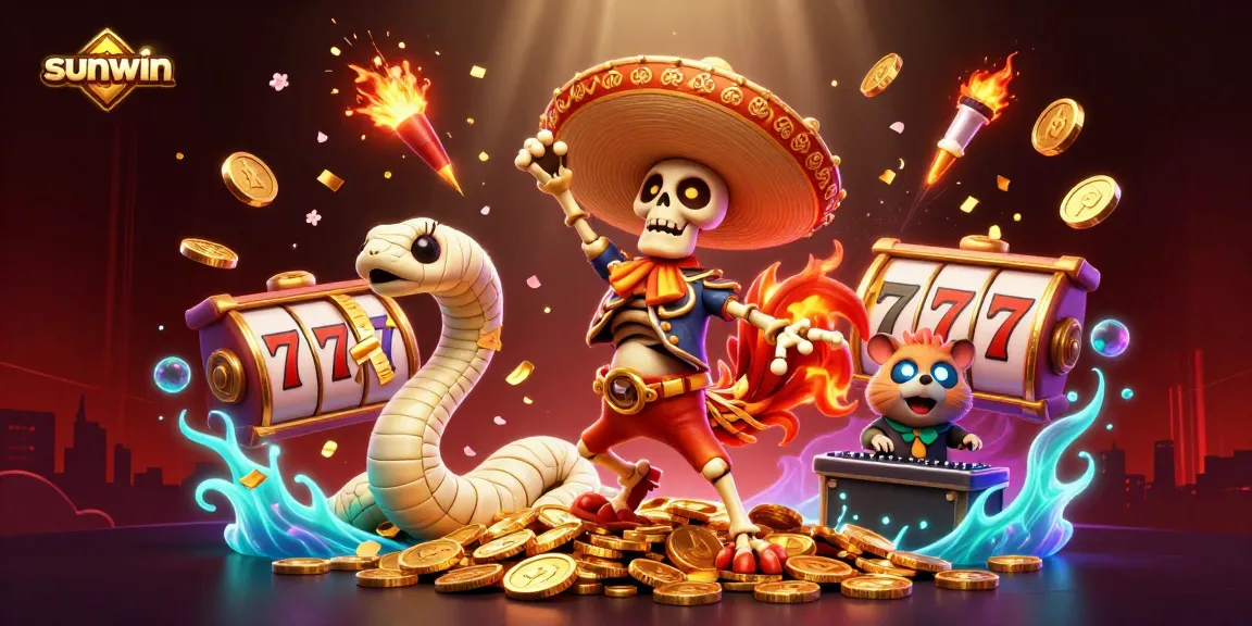 Experience thrilling wins with sunwin as the lively skeleton rooster celebrates amid a vibrant casino scene.