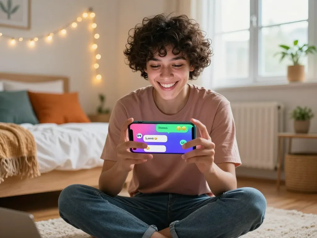 Engaging sex AI chat on a smartphone, highlighting playful interaction and connection in a cozy bedroom.