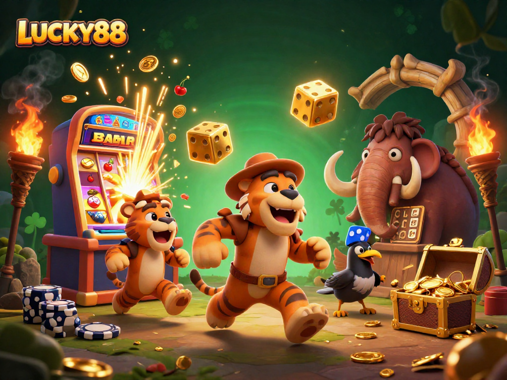 Experience LUCKY88's thrilling jackpot with lively caveman casino characters and vibrant game elements.