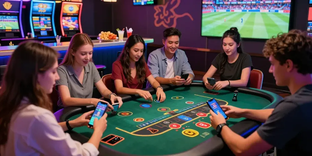 Online Casino ohne App: Freunde am digitalen Blackjack-Tisch in einer lebhaften Casino-Atmosphäre.