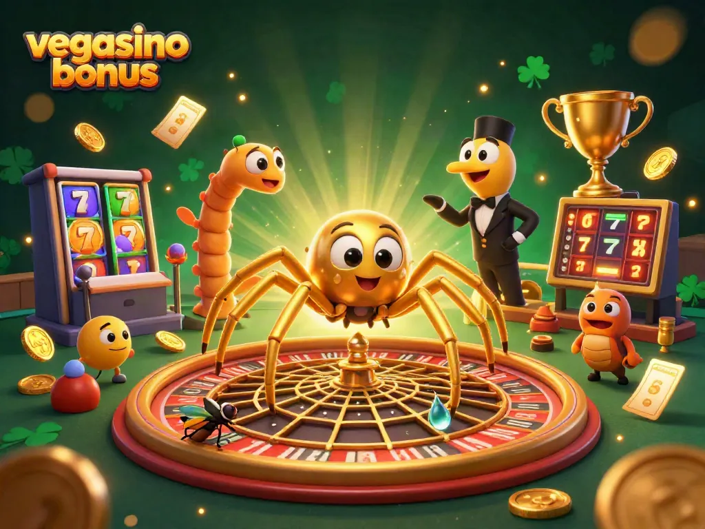 Experience the vegasino bonus with a dynamic 3D casino scene featuring a spider, fly, and croupier.