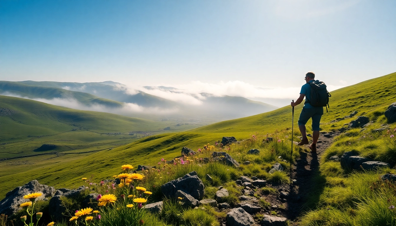 Wanderer entlang des Wicklow Way Irland in einem malerischen Landschaftsbild.