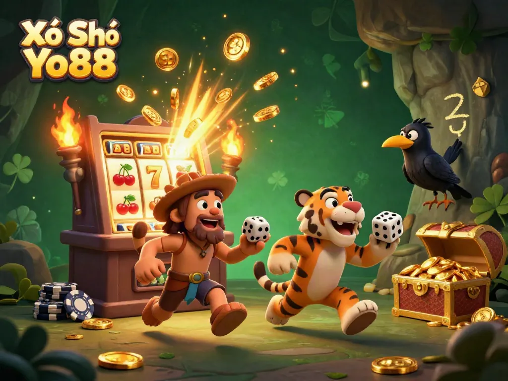 Xổ Số Yo88's vibrant gaming scene with the caveman and tiger duo delighting in jackpot excitement.