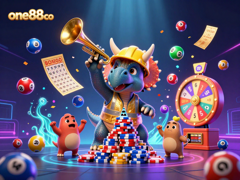 Engage with exciting games at one88co, featuring a vibrant arena of casino elements and playful characters.