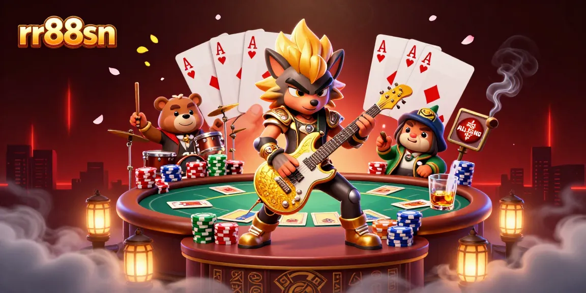Experience the thrill of rr88sn casino games with a vibrant 3D scene featuring rock star characters.