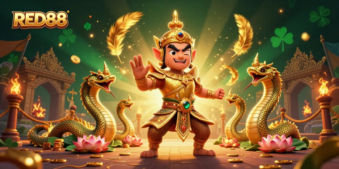 Engage in exciting gameplay at RED88, featuring golden temple guardians, swirling particles, and dynamic casino elements.