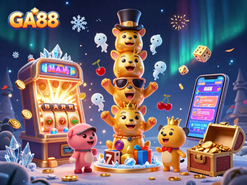 Win big at GA88 with vibrant casino-themed illustration featuring a golden totem and slot machine.