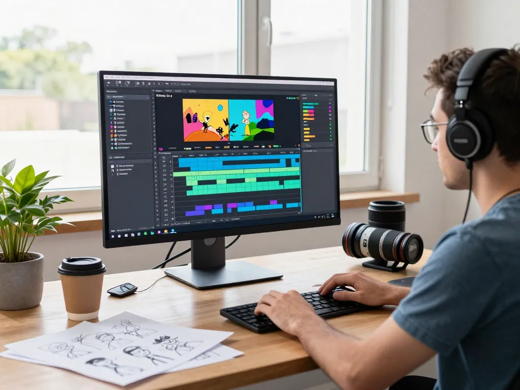 Kling 2.6 motion control interface demonstrated in a vibrant creative workspace, animator working on animation project.
