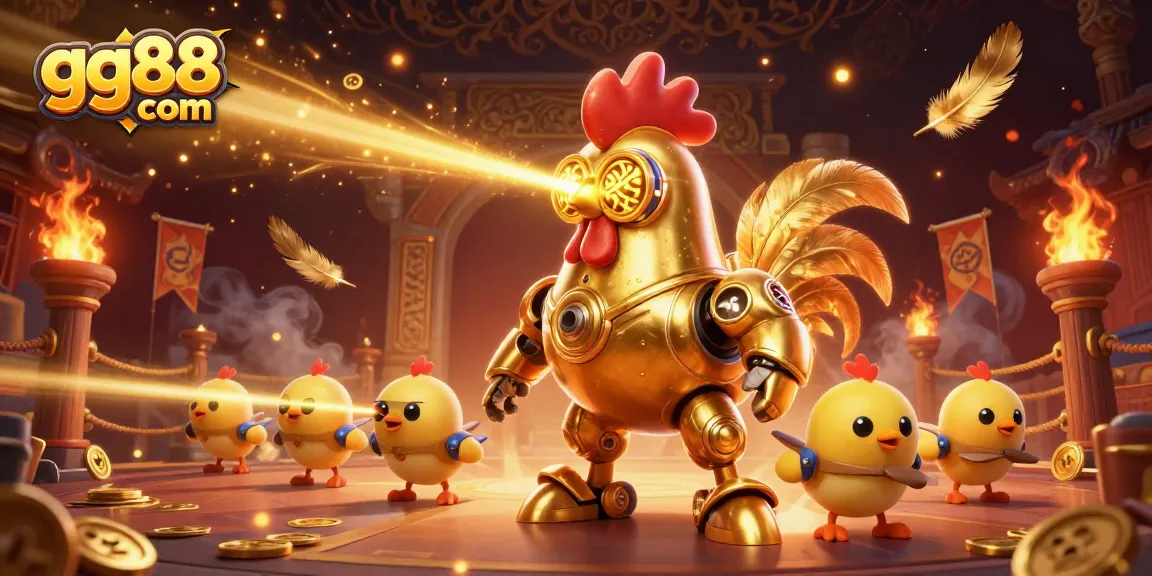 Win big with gg88 com at the vibrant futuristic casino featuring golden rooster and baby chick drones.