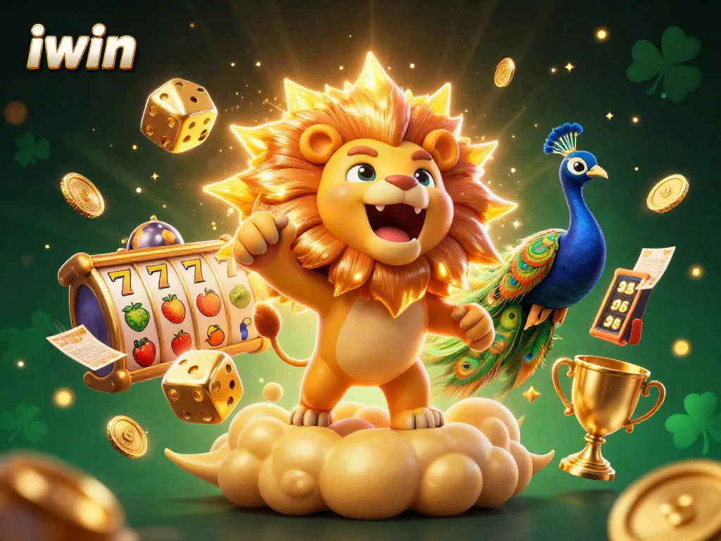 Win big with iwin in this vibrant casino-themed illustration featuring dynamic slot reels and a roaring lion.