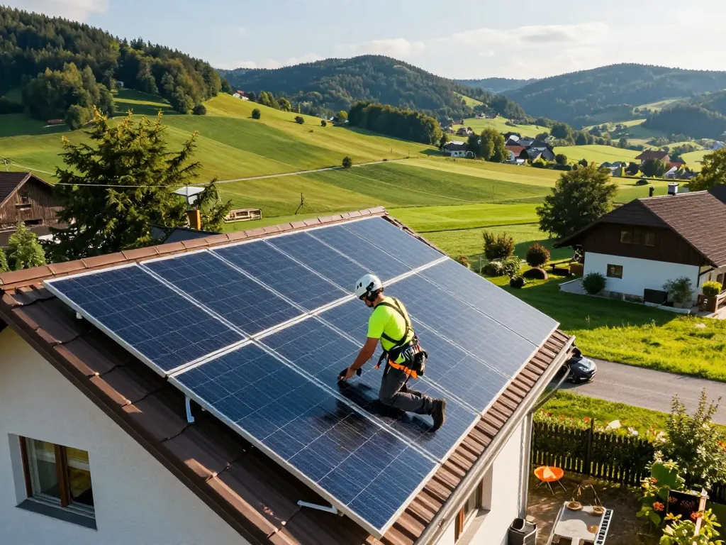 Photovoltaik Bayern Installation mit einem Techniker auf dem Dach eines bayerischen Hauses.