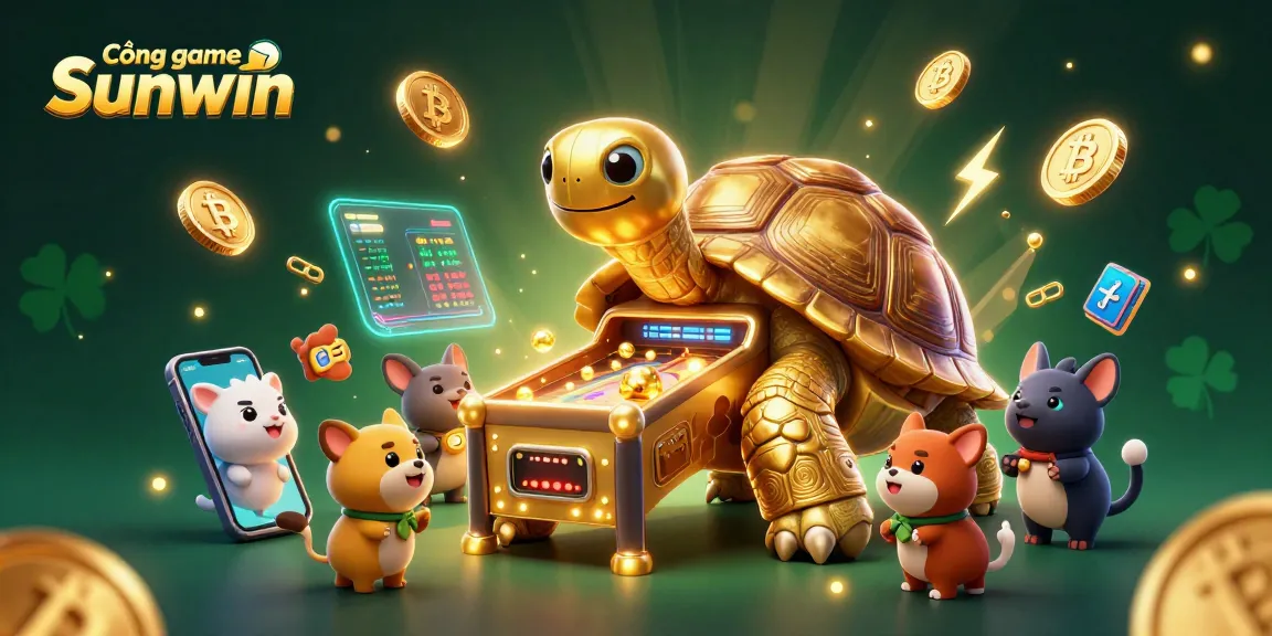 Experience thrilling gameplay at Cổng game Sunwin with a massive golden tortoise pinball machine and eager players.