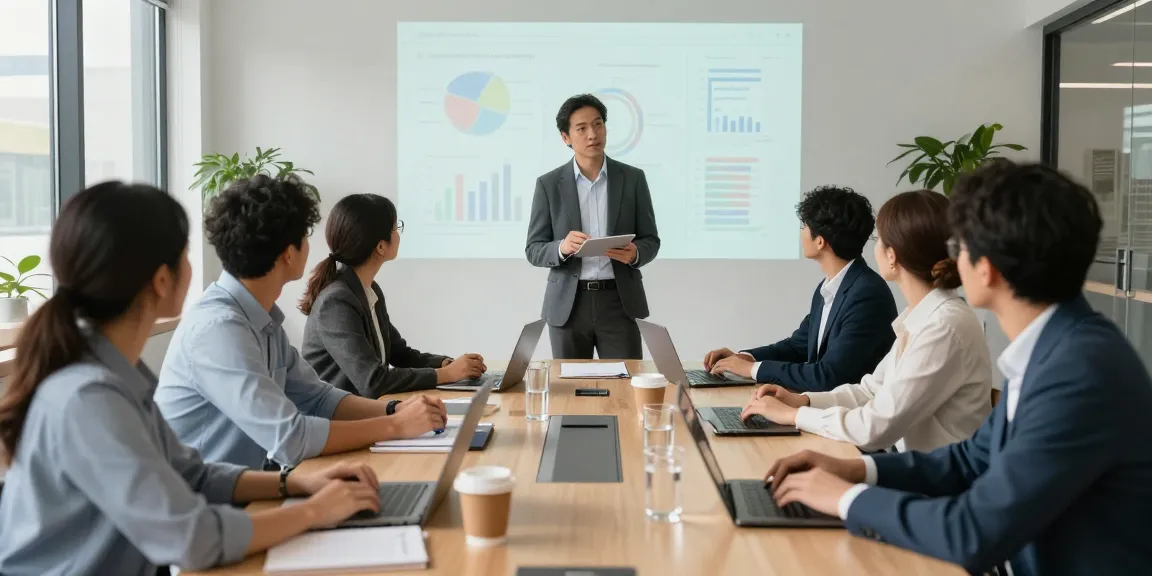 Micromanagement-Chef in einem modernen Büro, Teamarbeit und Präsentation von Datenanalysen.