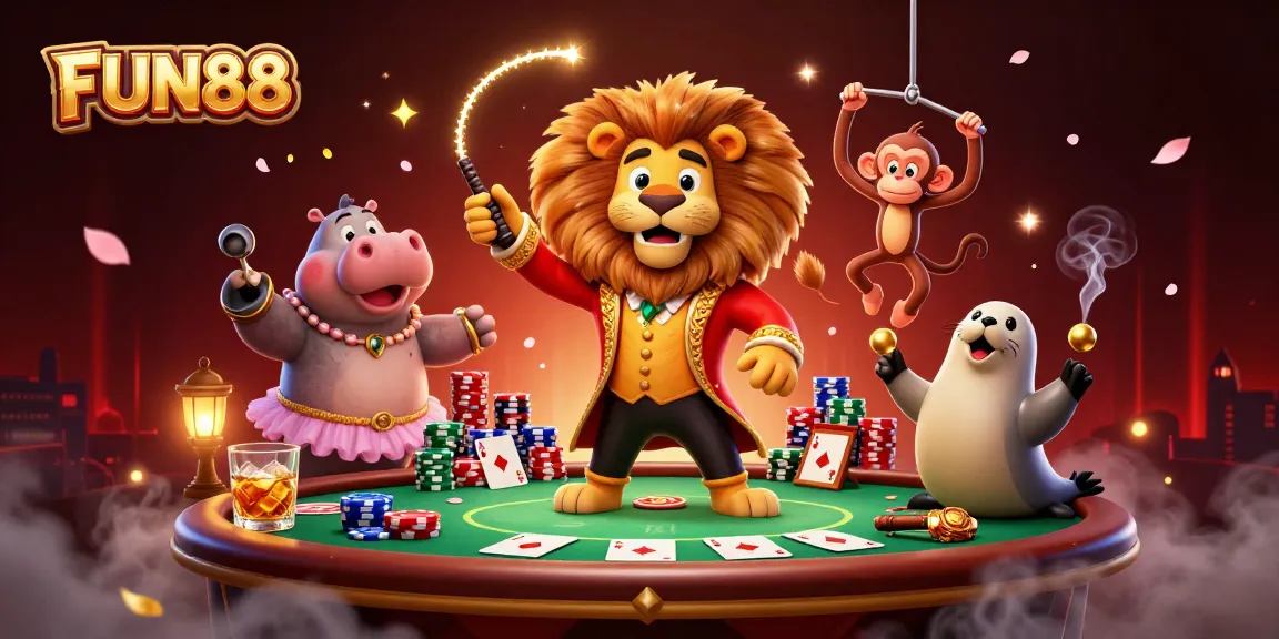 Experience FUN88's vibrant casino atmosphere with a lively circus scene featuring poker elements.