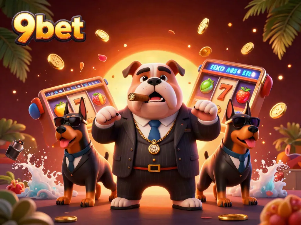 Experience the excitement of 9bet with a vibrant casino scene featuring a mafia boss and bodyguards.
