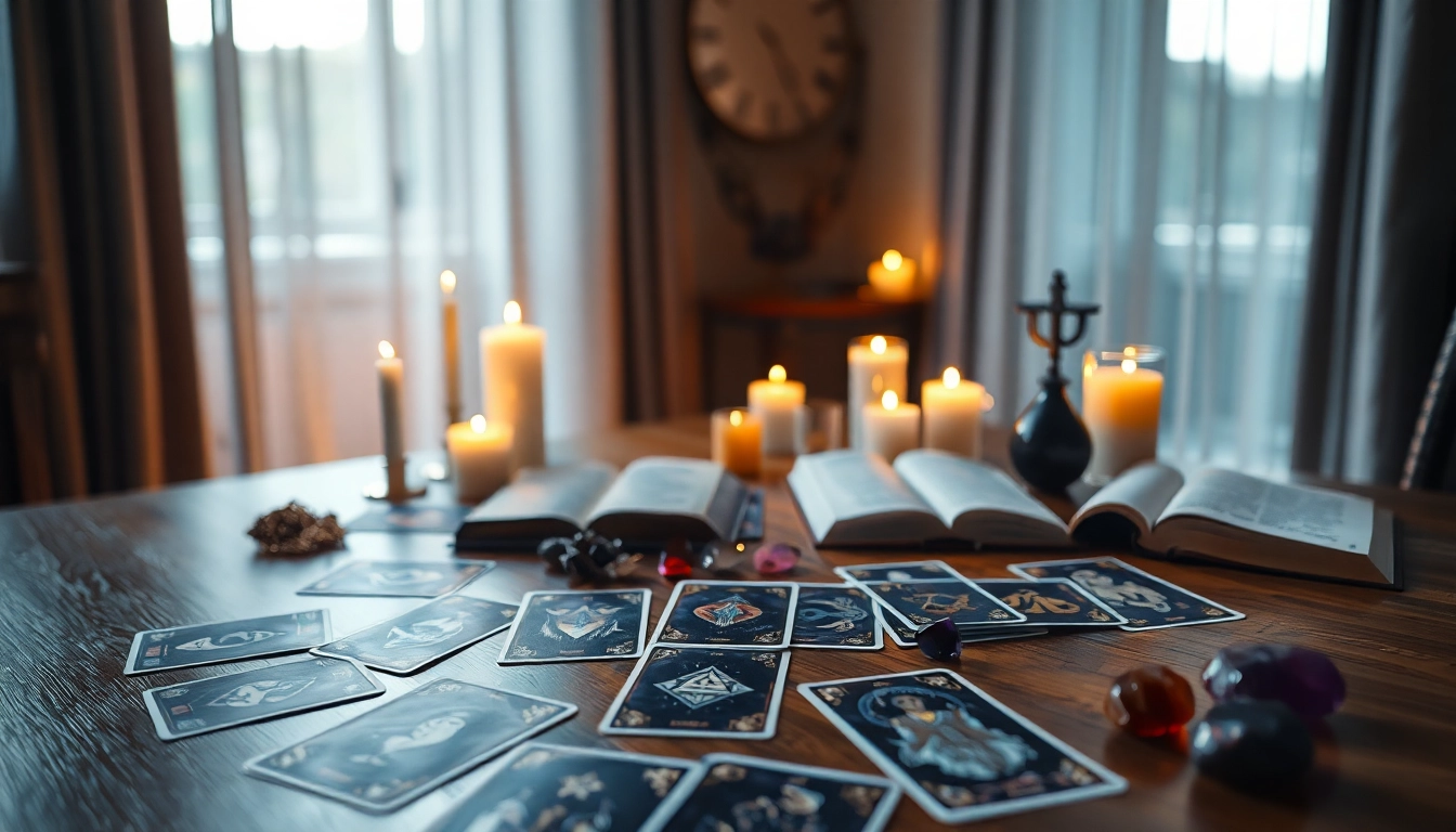 Tarotkarten bedeutung erleben in einem ruhigen Raum mit mystischen Tarotkarten auf einem Tisch.