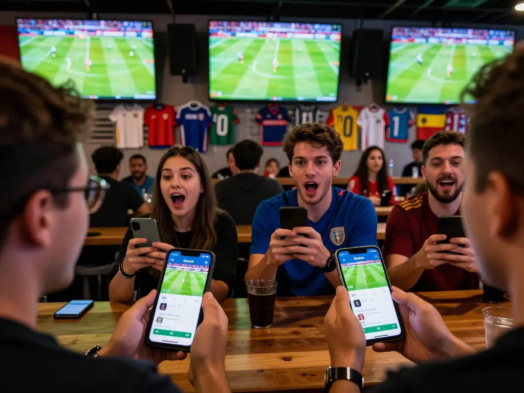 Socolive enhances the thrill of watching football as fans engage in live betting at a crowded sports bar.