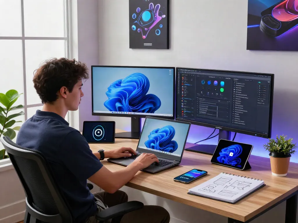 Arbeiten mit Windows 11 Pro in moderner Büroumgebung, Technik und Inspiration