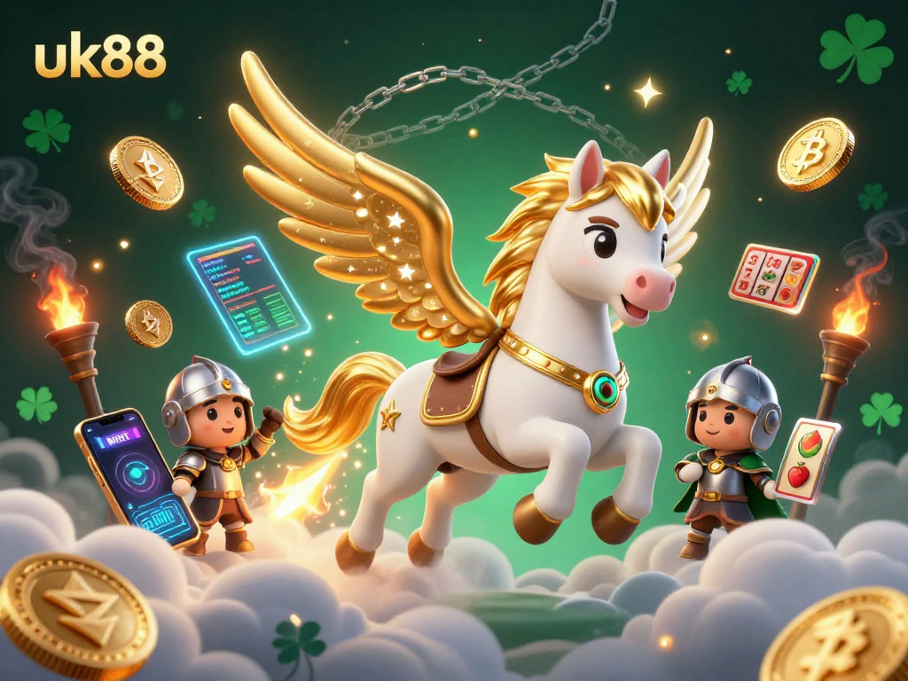 Experience thrilling action at uk88 with a cosmic knight riding a celestial horse amidst vibrant digital casino elements.