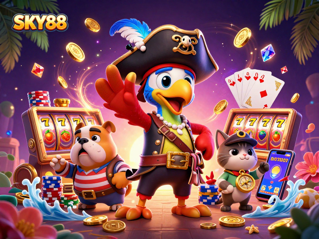 Engage with SKY88's vibrant slots scene featuring a pirate theme, lucky 7s, and dazzling gems.