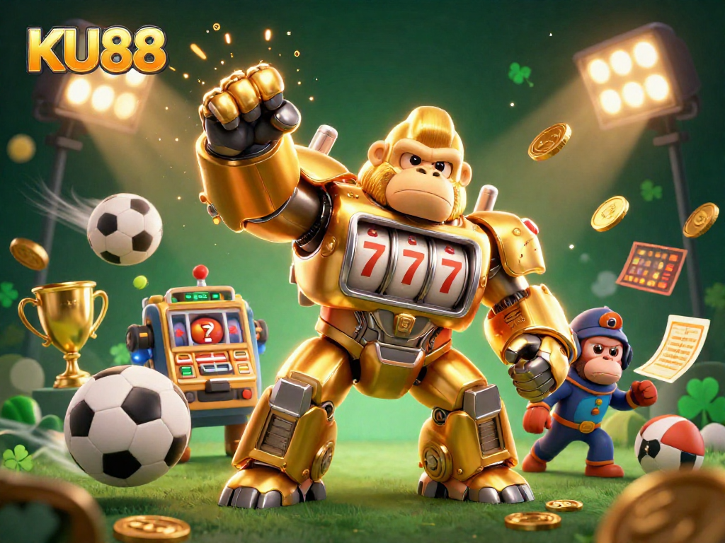 Experience thrilling gaming with KU88’s vibrant casino atmosphere featuring golden gorilla mech and dynamic sports elements.