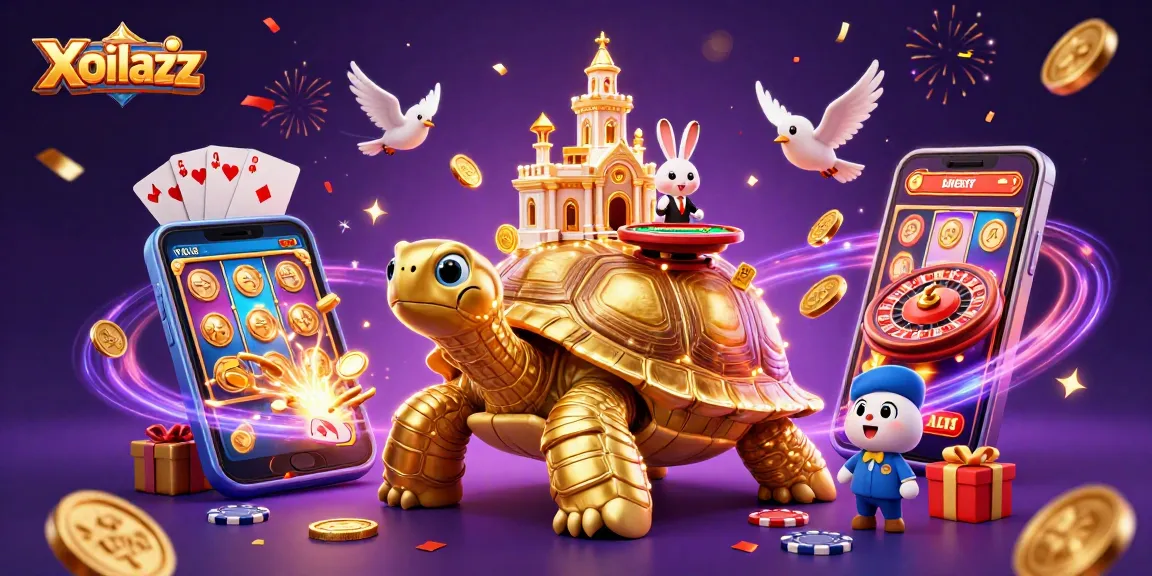 Xoilacz shows vibrant 3D casino scene with a bright tortoise, rabbit dealer, and golden coins flying.