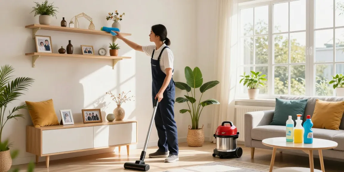 Professional cleaner in a bright living room showcasing services from putzinstitute bern.