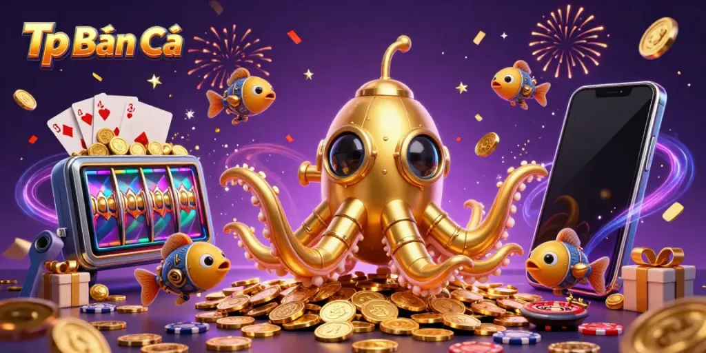Experience the thrill of Tp Bắn Cá with a dynamic scene featuring a kraken submarine and vibrant slot games.