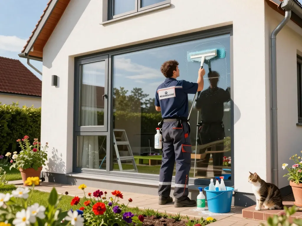 Experte Fensterputzer in Münster, der große Glasfenster mit umweltfreundlichen Lösungen in einem hellen Wohnumfeld reinigt.
