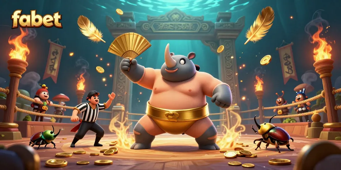 Place bets with fabet as a sumo champion beetle unleashes golden coins in this dynamic casino scene.