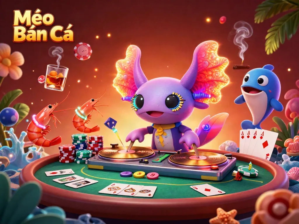 Experience Mẹo Bắn Cá as vibrant sea creatures celebrate underwater, spinning records amidst colorful poker chips and warm glowing backgrounds.