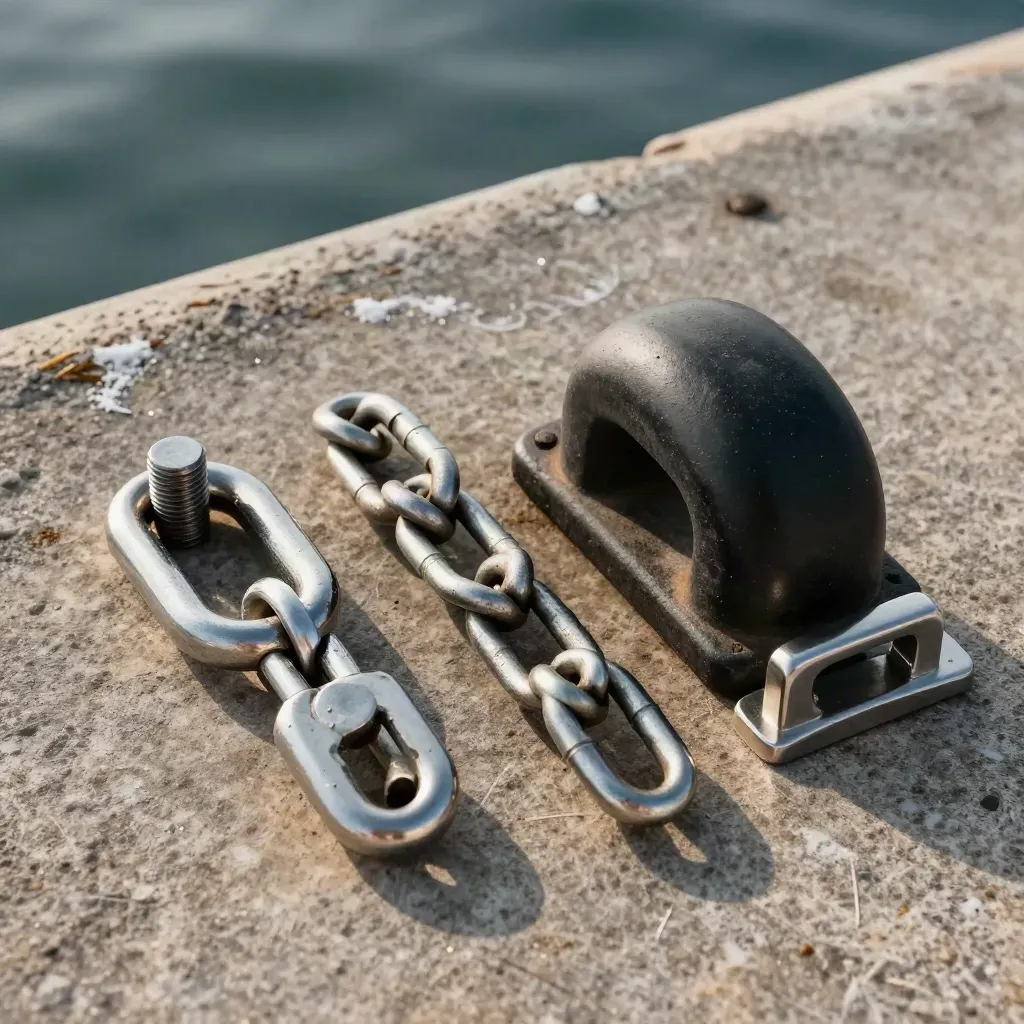 Maritime Stahlteile sauber auf hellem Stein neben Salzschimmer im Hafen