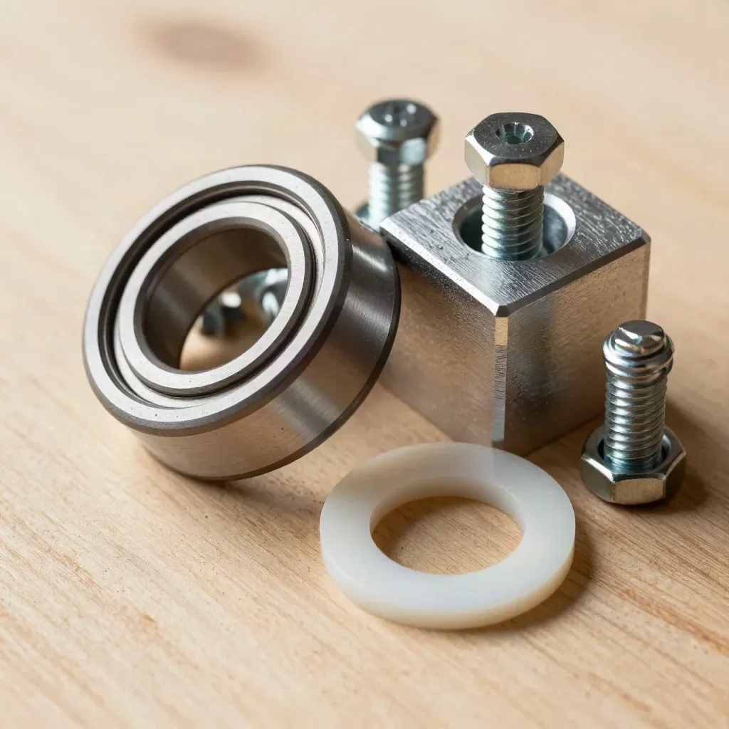 Werkstückteile aus Aluminium und Stahl mit Dichtung auf hellem Holz, von oben fotografiert.