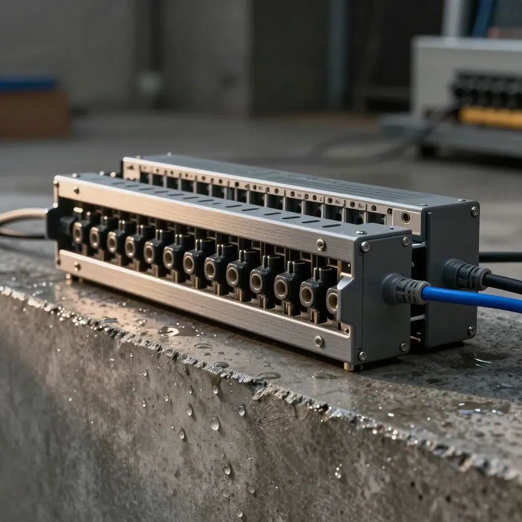 Modulare Netzwerkhardware auf Betonblock mit nasser Kante und bläulichem Licht im Studio