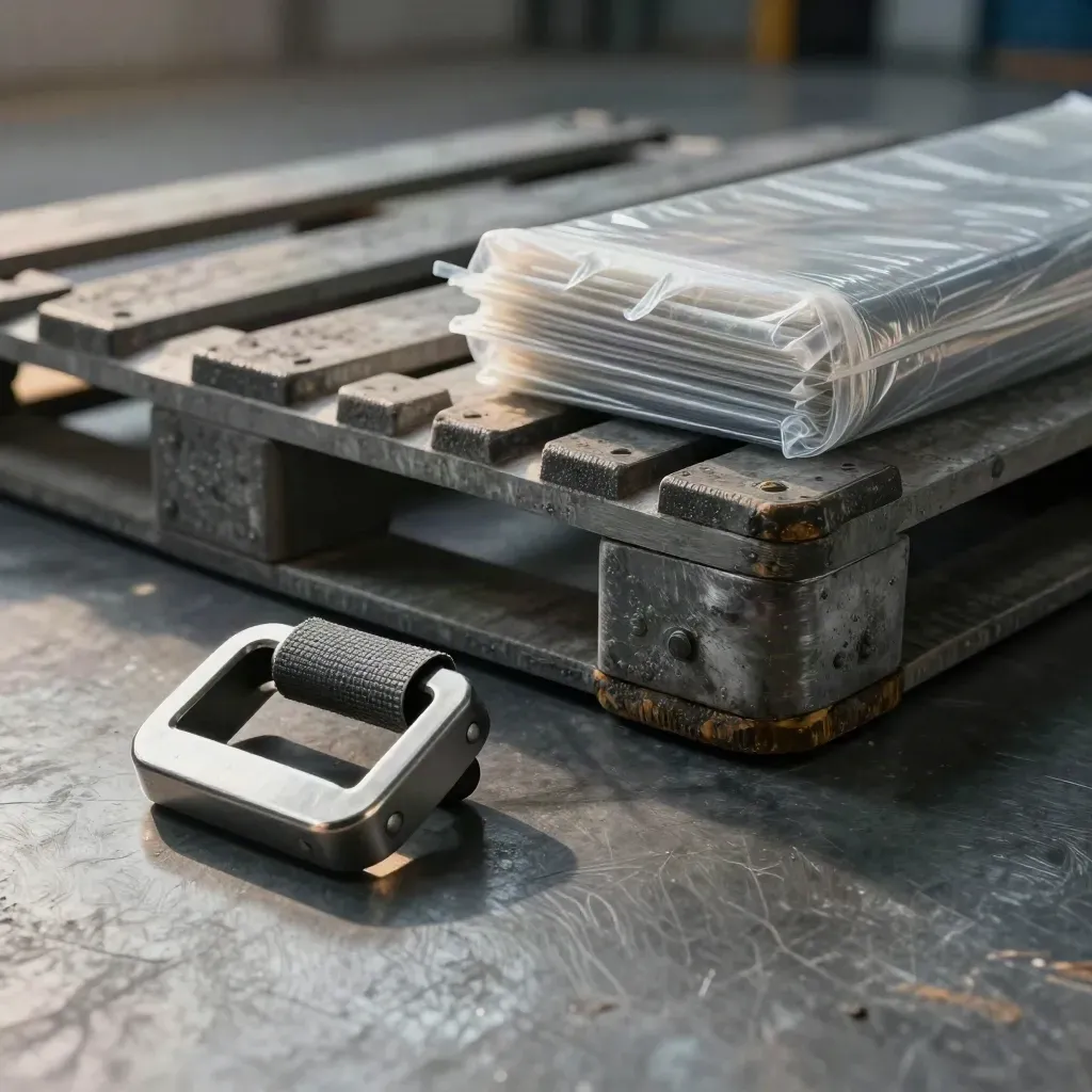 Logistikobjekte auf Metall: Spanngurtschnalle, Palettenwinkel, Folienkern und Dockpuffer im Studiolicht.