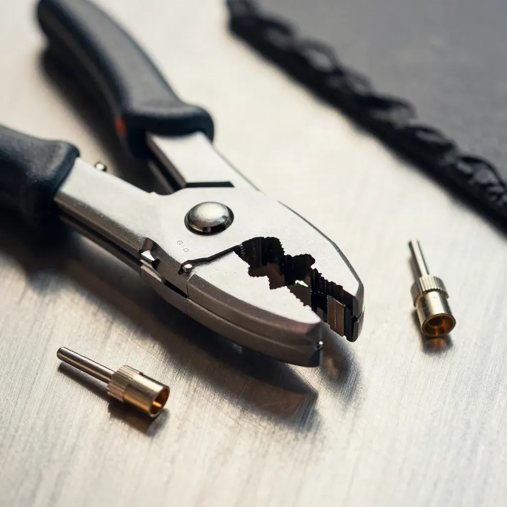 Makro eines RJ45-Crimpwerkzeugs mit Stecker und Ferrulen auf gebürstetem Metall