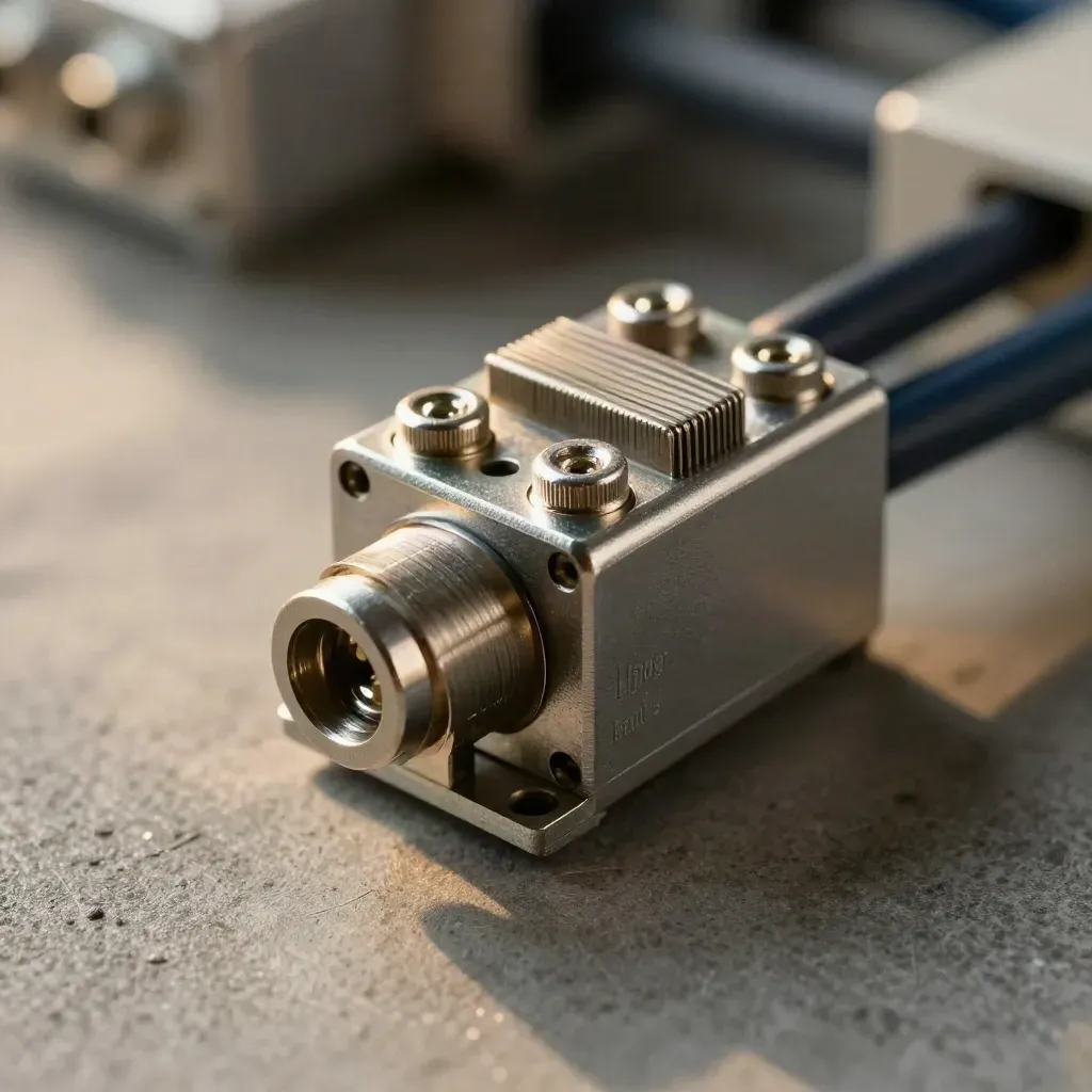 Industrie-Relaismodul mit Kabelschlaufen und Montageschiene auf grauem Untergrund.