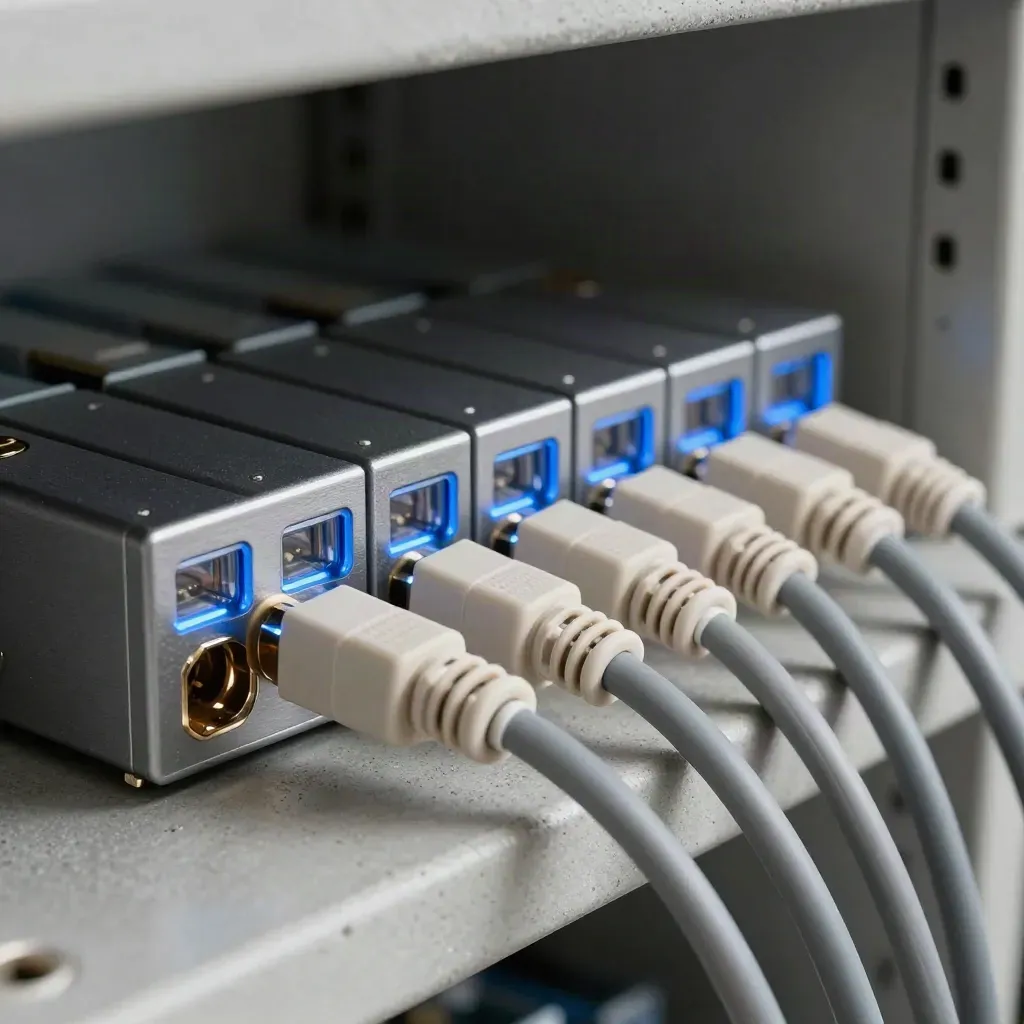 Makro eines Statusmoduls mit Patchkabeln und Abdeckkappen auf grauem Beton
