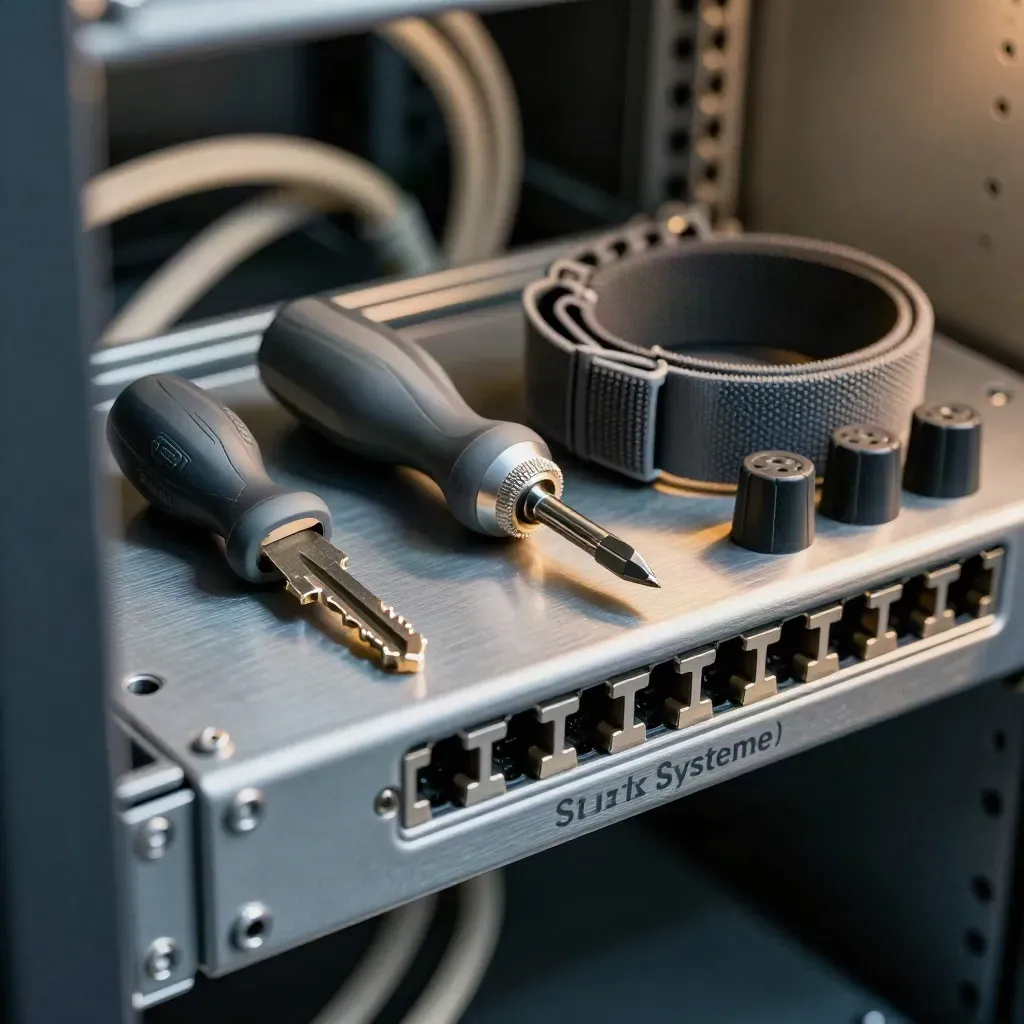 Rackschlüssel, Drehmomentschrauber und Blindkappen im Serverrack, sehr nah und technisch.